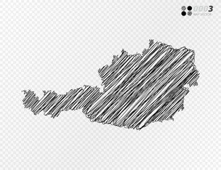 Vector black silhouette chaotic hand drawn scribble sketch  of Austria map on transparent background.