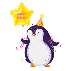 Cute dancing penguin in birthday cap. Happy Birthday greetings. Vector illustration in cartoon style. All elements are isolated.