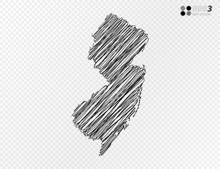 Vector black silhouette chaotic hand drawn scribble sketch  of New Jersey map on transparent background.