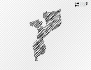 Vector black silhouette chaotic hand drawn scribble sketch  of Mozambique map on transparent background.
