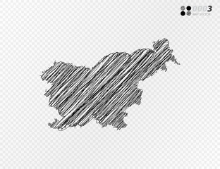 Vector black silhouette chaotic hand drawn scribble sketch  of Slovenia map on transparent background.
