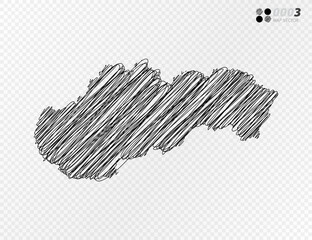 Vector black silhouette chaotic hand drawn scribble sketch  of Slovakia map on transparent background.