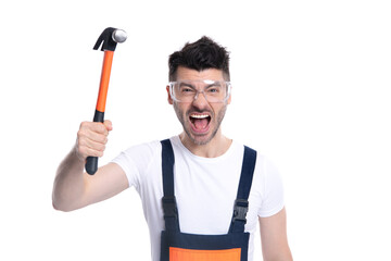 angry foreman hold hammer isolated on white background. foreman occupation