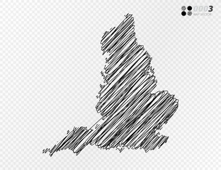 Vector black silhouette chaotic hand drawn scribble sketch  of England map on transparent background.
