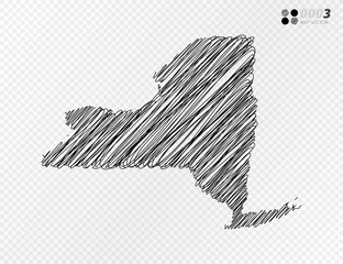 Vector black silhouette chaotic hand drawn scribble sketch  of New York map on transparent background.