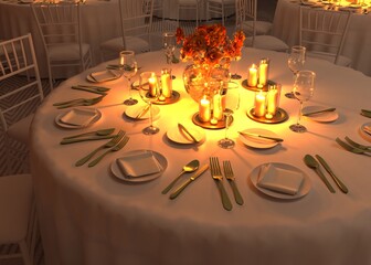 Luxury Table setting. Table settings wait for guests at home or restaurant, artificial potted plant for decoration. 3d rendering