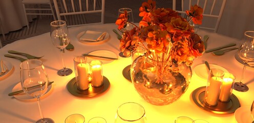 Luxury Table setting. Table settings wait for guests at home or restaurant, artificial potted plant for decoration. 3d rendering