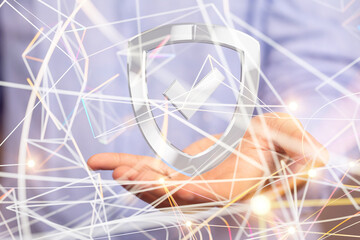 cyber shield protection concept holding in hand