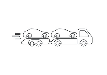 Tow truck icon with additional trailer in thin lines. The cars are on a tow truck