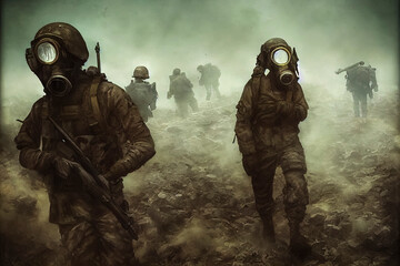 Angriff mit Atomwaffe, Chemiewaffen oder Biowaffen - apokalyptische Krieg Szene mit Gasmasken - obrazy, fototapety, plakaty