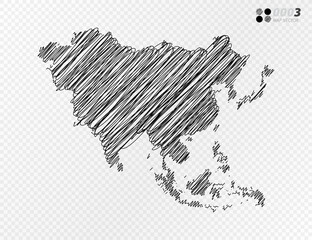 Vector black silhouette chaotic hand drawn scribble sketch  of Asia map on transparent background.