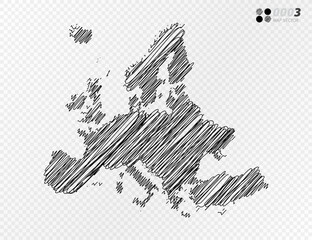 Vector black silhouette chaotic hand drawn scribble sketch  of Europe map on transparent background.