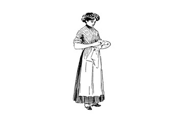 Woman drying a dish with the dish towel - Vintage illustration