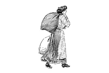 Woman carrying bags - Vintage illustration