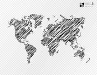 Vector black silhouette chaotic hand drawn scribble sketch  of World map on transparent background.