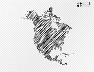 Vector black silhouette chaotic hand drawn scribble sketch  of North America map on transparent background.