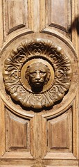 Antique doors. Old wooden doors with a figure of a lion. Lion's head on a wooden door. Carved doors...