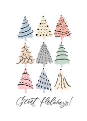 Great holidays vertical greeting card design. Holiday vector illustration with lettering composition and hand drawn chrismas trees silhouettes with decorations.