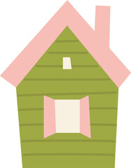 Flat green vector illustration of tiny cottage house with pink roof isolated on transparent background. PNG