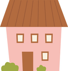 Tiny pink house and bush in Flat style. Hand drawn trendy PNG illustration isolated on transparent background.