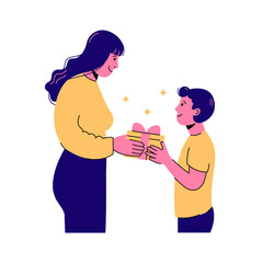 Flat vector illustration of holiday celebration isolated on white background. Woman giving birthday box to child. Mom surprising son. Mother and boy on holiday.