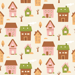 Vector seamless pattern with small houses on white background. Cute flat vintage village cottages.