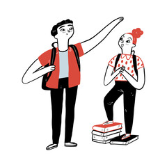 The young man raised up hand above a little girl head that standing on books to measuring height