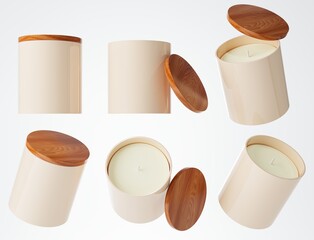 Aroma candle in glossy ceramic jar with cotton wick and natural wooden lid 3D render different angles, branding and design ready commercial realistic wax candle mock-up