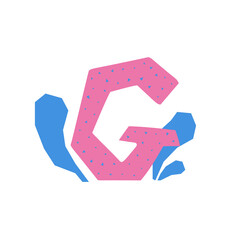 Pink letter G in cut out collage style. Hand drawing isolated vector illustration with herbs