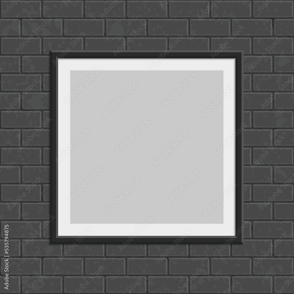 Poster black realistic picture frame on brown brick wall seamless pattern vector background. modern photo f