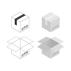 Cardboard boxes mockup set. Open and close square cardboard box collection. Isometric Boxes isolated on white background. Delivery, packaging, transportation or shipping concept. Vector illustration.