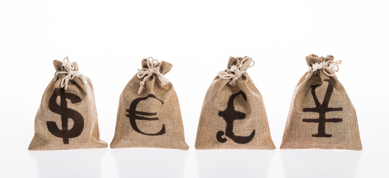 Money Bags With International Currency Signs