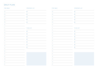 A daily plan design template in a modern, simple, and minimalist style. Note, scheduler, diary, calendar, planner document template illustration.