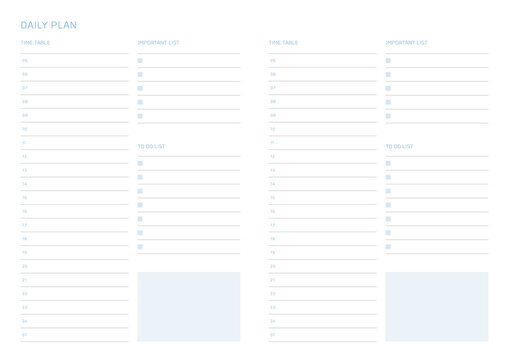 A daily plan design template in a modern, simple, and minimalist style. Note, scheduler, diary, calendar, planner document template illustration.
