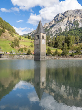  Landscape of lake Reschensee in South Tyrol, Italy