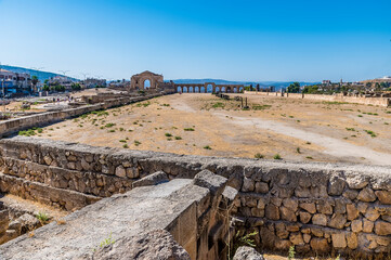 A view along the length of the Hippodrome in the ancient Roman settlement of Gerasa in Jerash,...