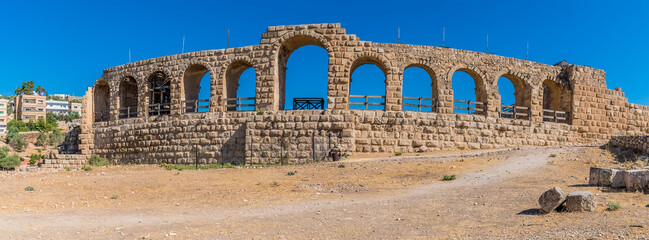 A view towards the wall of the Hippodrome in the ancient Roman settlement of Gerasa in Jerash,...