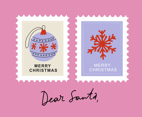 Naklejka premium Christmas and Happy New Year postal stamp illustration with with a Christmas toy and snowflake.