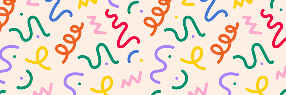 Fun colorful line doodle seamless pattern. Simple upbeat childish scribble decoration.