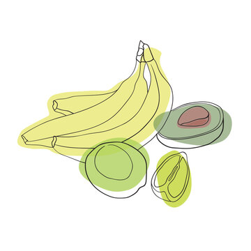 Fruit composition on white. Tropical fruits composition. Fruits Icon Set. Banana, lime, avocado, lemon
