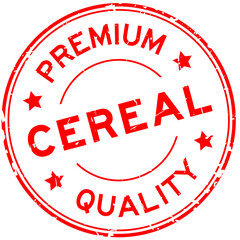 Grunge red premium quality cereal word round rubber seal stamp on white background