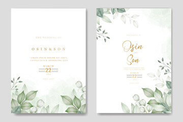 Watercolor wedding invitation card in green leaves 