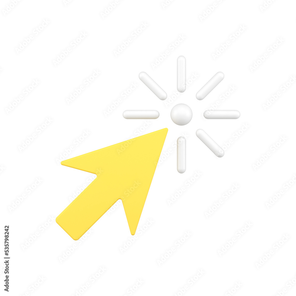 Poster yellow mouse pointer clicking on web site page 3d icon badge logotype pointing to link