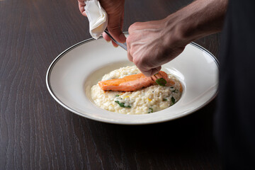 Food Stylist decorates a photo before a photo shoot