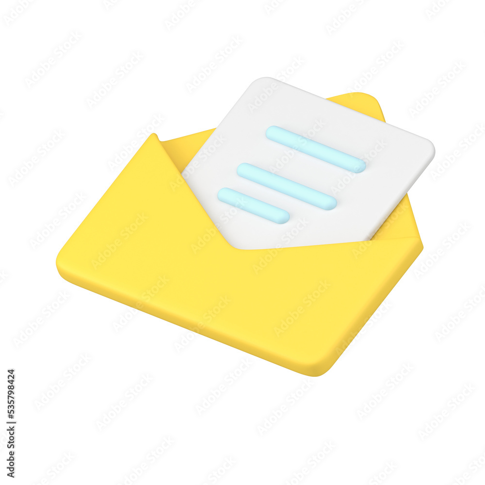 Poster message in yellow 3d envelope. volumetric sheet of paper with blue text
