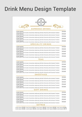 Simple drink menu design template with ingredients and price list.
