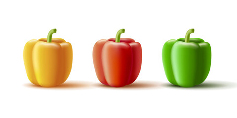 Vector 3d Set of Colored Yellow Green and Red Sweet Bulgarian Peppers, Paprika Isolated