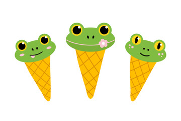 Set, collection of cute cartoon style green frog ice cream cones. Vector icons, illustration.
