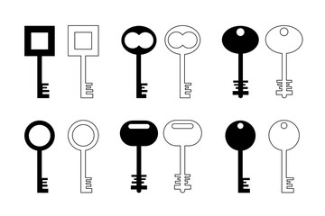 Set, collection of vector keys icons, outlined doodle keys isolated on white background. 