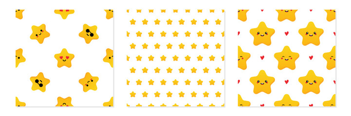 Set, collection of three vector seamless pattern backgrounds with  golden, yellow star characters.

